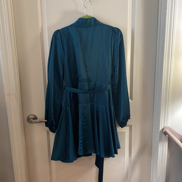 Teal Satin Wrap Dress - Picture 4 of 5